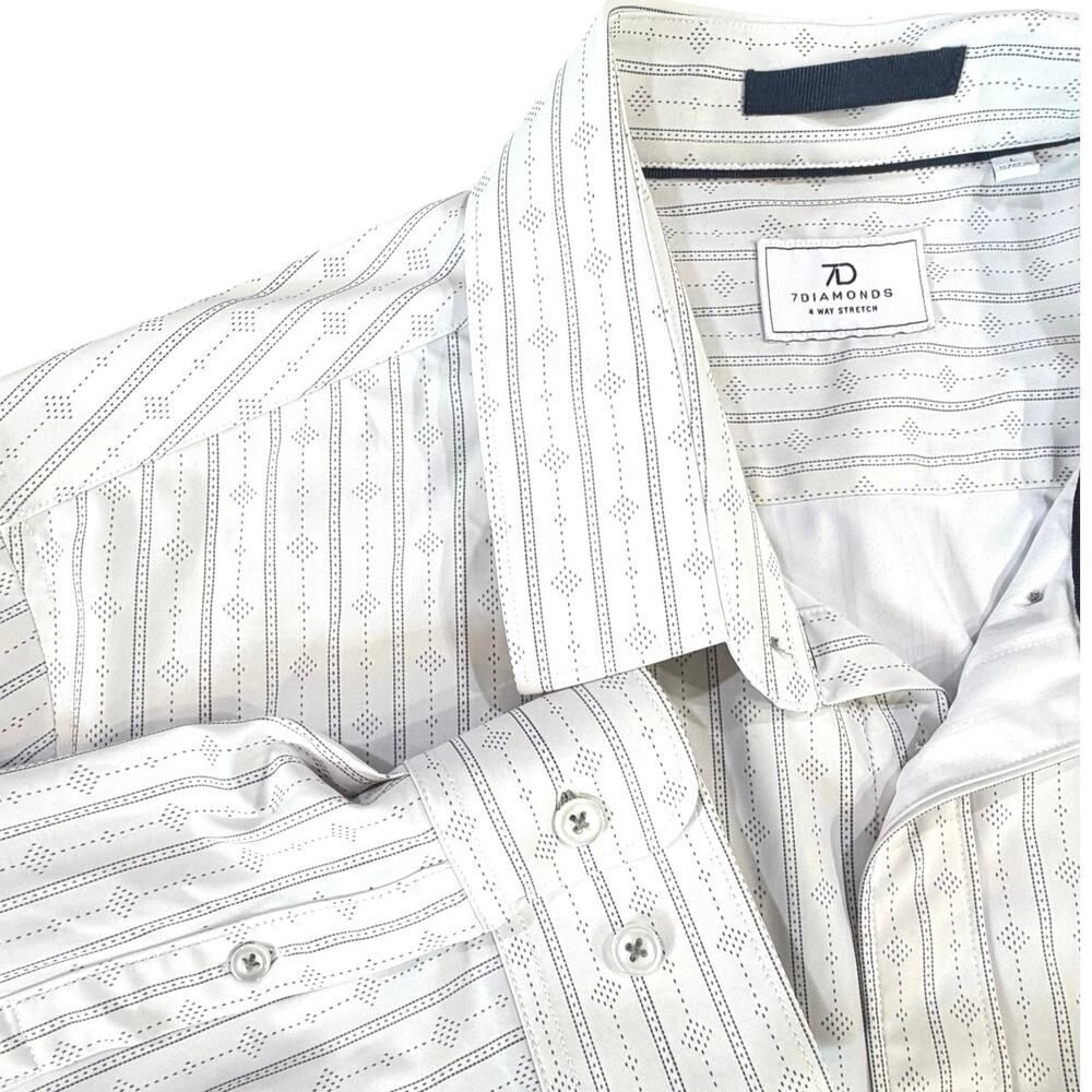 7 Diamonds White Button-Down Shirt with Thin Black Stripe Pattern